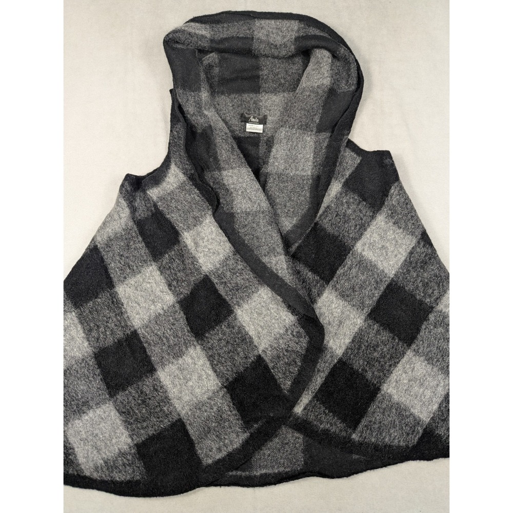 Amita Italy Womens Buffalo Plaid Hooded Vest Wrap Grey Black Wool Blend OSFA